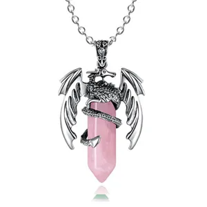 Natürlicher Rosenquarz Kristall Drache Anhänger Halskette mit Vintage Silber geflügelten Drachen.