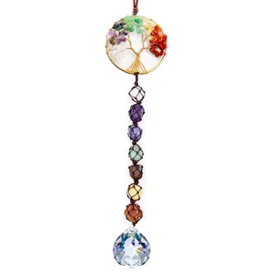 Natural crystal tree of life car hanging ornament handmade chakra stones wind chime pendant.