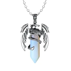 Vintage Drache Umwickelt Sechseckig Kristall Säule Anhänger Halskette Gotisch Schmuck