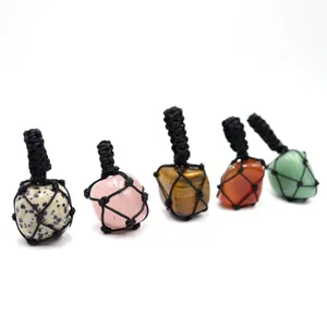 Natural crystal gemstone raw stone woven net pocket pendant necklace detailing display.