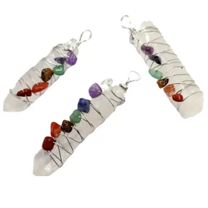 Pendentif en cristal naturel pilier hexagonal fil enroulé collier de pierres de chakra