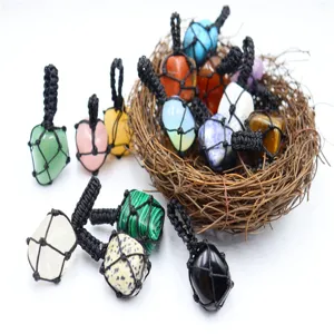Handmade Natural Crystal Stone Woven Net Pocket Pendant Necklace Jewelry Set Display