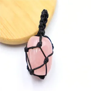 Natural handmade woven rough rose quartz crystal gemstone net bag pendant necklace main display