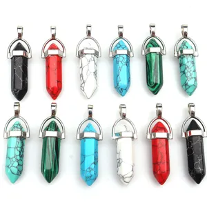 Colgante de Pilar Hexagonal de Cristal de Turquesa Sintética Collar Punta de Bala Piedra Colgante de Hexágono Moda Unisex Joyería Regalo