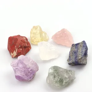 Natural rough crystal stones set 7 pieces, irregular tumbled chakra healing stones for yoga decor.