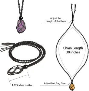 Black woven rope crystal stone holder necklace with adjustable net bag and 30-inch chain.