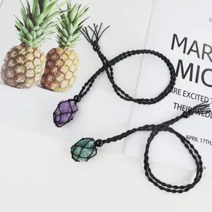 Natural crystal raw stone necklace with adjustable black woven net pocket sweater chain.