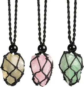 Natürlicher roher Kristallstein geflochtenes Netz Taschen Anhänger Halskette Set Schmuck.