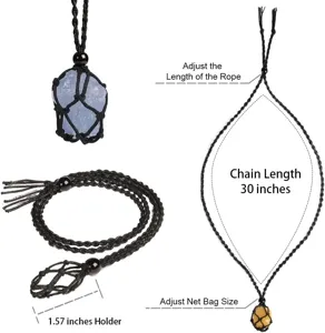 Adjustable black rope woven crystal stone net bag necklace sweater chain feature detail