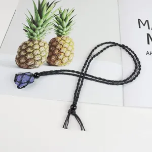 Crystal rough stone black woven net pocket adjustable necklace sweater chain jewelry