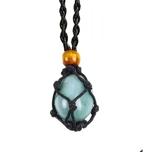 Raw crystal stone pendant with black woven macrame rope necklace, adjustable crystal holder chain.