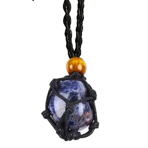 Handwoven Black Rope Crystal Stone Net Pocket Necklace Adjustable Sweater Chain Pendant