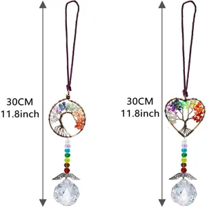 Natural crystal stone tree of life suncatcher hanging ornament with rainbow beads and ball