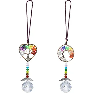 Natural Stone Tree Of Life Crystal Suncatcher Hanging Ornament Angel Wings Prism Chakra Beads For Car Home Christmas Decor