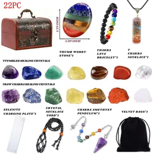 22Stk Natuerliche Chakra Heilkristalle Set Quarz Trommelsteine Lava Armband Box