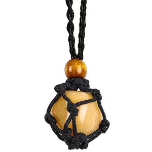 Handmade black braided rope crystal net pocket necklace gemstone holder sweater chain.