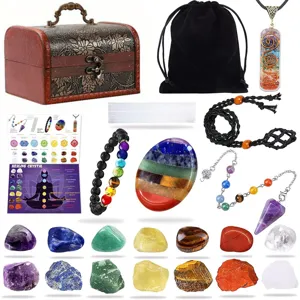 Natürliches Yoga Kristallstein Set Rohquarz Heilkristalle Pendel Halskette Chakra Steine Set Mit Holz Geschenkbox Für Weihnachten