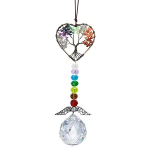 Crystal suncatcher detail with heart wire tree of life, chakra stones and hanging crystal ball.
