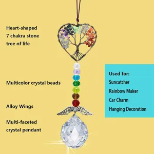 Heart-shaped 7 chakra stone tree of life crystal suncatcher hanging ornament with colorful beads.