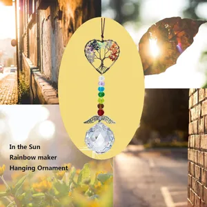 Natural crystal chip tree of life sun catcher hanging ornament with chakra beads and prism ball.