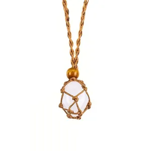 Natural crystal stone macrame woven net necklace adjustable brown rope pendant for women