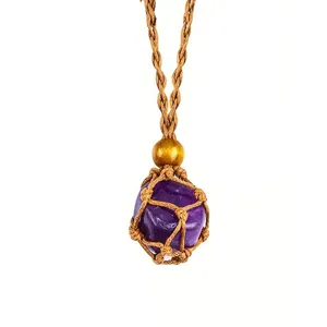 Handcrafted raw amethyst crystal stone necklace with brown woven rope net pendant chain.