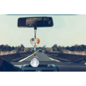 Crystal tree of life car hanging ornament sun catcher detail view with sparkling colorful beads.