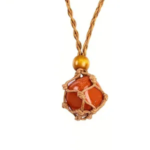 Handmade woven net pocket crystal raw stone necklace retro sweater chain detail view