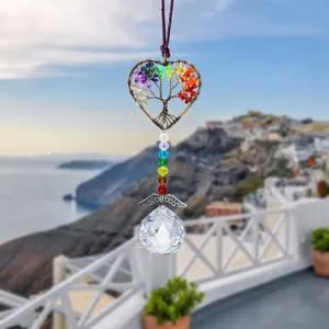 Natural chip stone tree of life crystal suncatcher hanging pendant with chakra beads ball