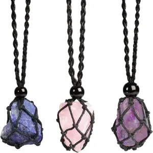 Natürliche Rohkristallstein Anhänger Halskette Handgefertigt Handgewebte Netztasche Unregelmäßiger Edelstein Heilung Reiki Energie Schmuck Für Unisex