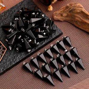 Natürlicher schwarzer Obsidian Sechseck Säule Anhänger Halskette Kristall Stein Schmuck