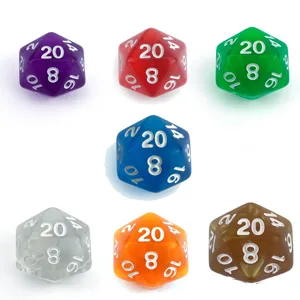 Colorful twenty-sided polyhedral dice set for tabletop board games and fun RPG gaming.