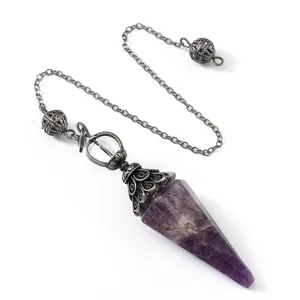 Péndulo de cristal de amatista natural sanación hexagonal cono piedra preciosa collar colgante.
