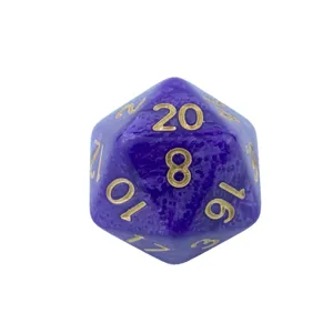 Purple 20-sided d20 tabletop gaming dice with clear gold numbers for board and roleplaying games.