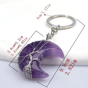 Llavero de árbol de la vida de luna de cristal de amatista natural colgante de alambre