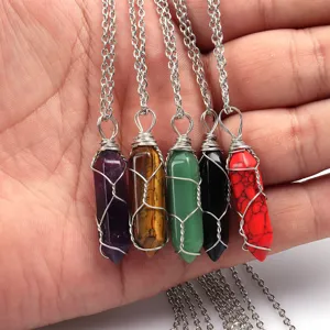 Natural stone hexagonal bullet pendant necklace with wire wrap and chain for daily wear accessories.