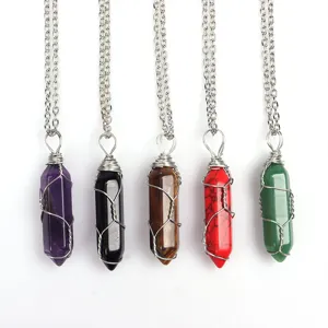 Natural Stone Hexagonal Column Bullet Pendant Necklace Artificial Crystal Alloy Wire Wrapped Geometric Healing Jewelry For Women Men