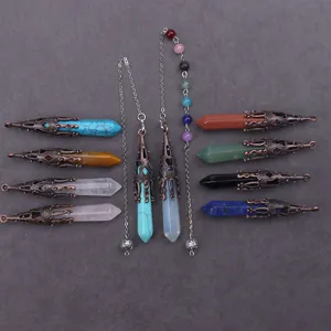 Natuurlijke edelsteen zeshoekige kolom slingers ketting vintage koperen kristal hanger