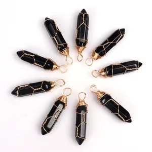 Schwarzer Obsidian Kristall sechseckiger Kugel Anhänger mit handgefertigtem Golddraht Schmuck.