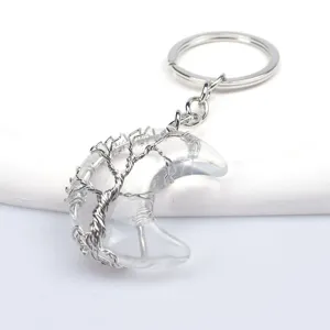 Colgante llavero de luna de cristal hecho a mano, diseño detallado de alambre plateado, elegante.