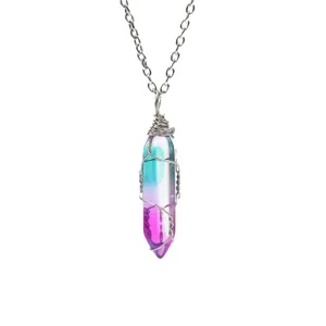 Natural stone hexagonal crystal bullet pendant necklace with silver chain design