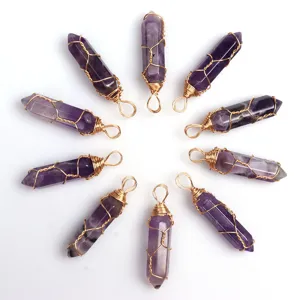 Natürlicher Amethyst Sechseckige Säule Draht gewickelter Anhänger handgemachte Halskette Schmuck