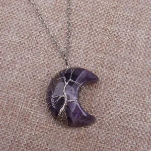 Handgemachte natürliche Amethyst Mondsichel Lebensbaum Anhänger Halskette mit Silberkette