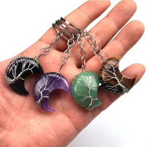 Llavero de Luna Árbol de la Vida de Cristal Natural Colgante de Piedra Envuelto en Alambre Hecho a Mano Amuleto de Bolso Joyería de Cristal Curativo