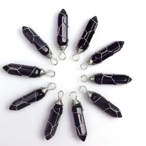 Draht gewickelter Amethyst Kristall Sechseckige Säule Anhänger Halskette Schmuck.