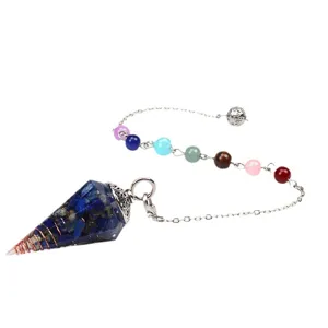 Natürlicher Kristallharz Sechseckkegel Pendelanhänger mit 7 Chakra Perlen für Yoga Meditation.