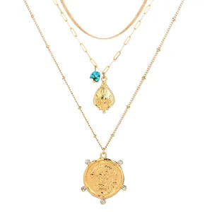 Set di collana con catena in oro multistrato con ciondolo turchese e medaglia per donna chic