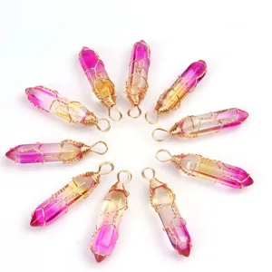 Handgemachte drahtumwickelte sechseckige Kristall Kettenhaenger Modeschmuck Accessoire.