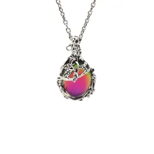 Vintage boho style wire-wrapped rainbow mood stone pendant necklace for daily wear.