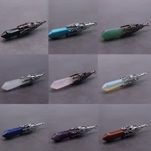 Natuurlijke Amethist Kristal Zeshoekige Pilaar Hanger Halsketting Voor Yoga Meditatie Legering Ingelegde Geometrische Steen Sieraden